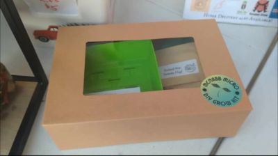 A brown cardboard box with a clear window showing green contents inside.