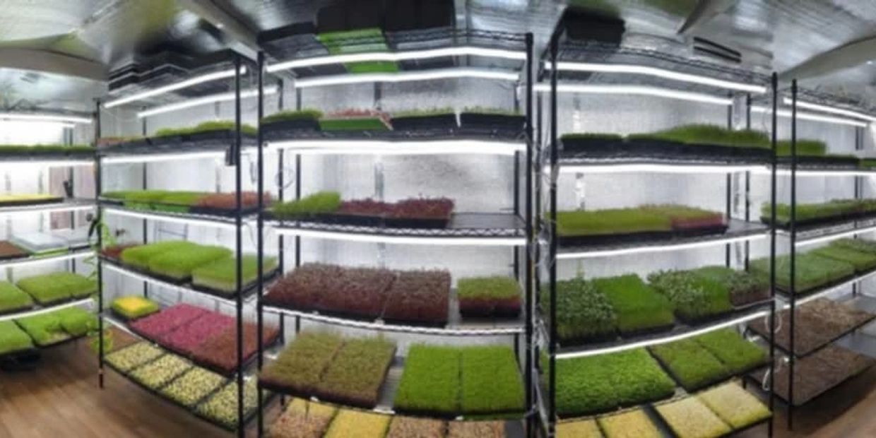 Indoor vertical farm with multiple shelves of growing microgreens under LED lights.