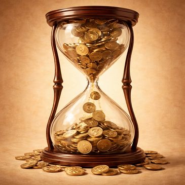 Hourglass with rupee coins symbolizing time-saving benefits, and high-value decision making