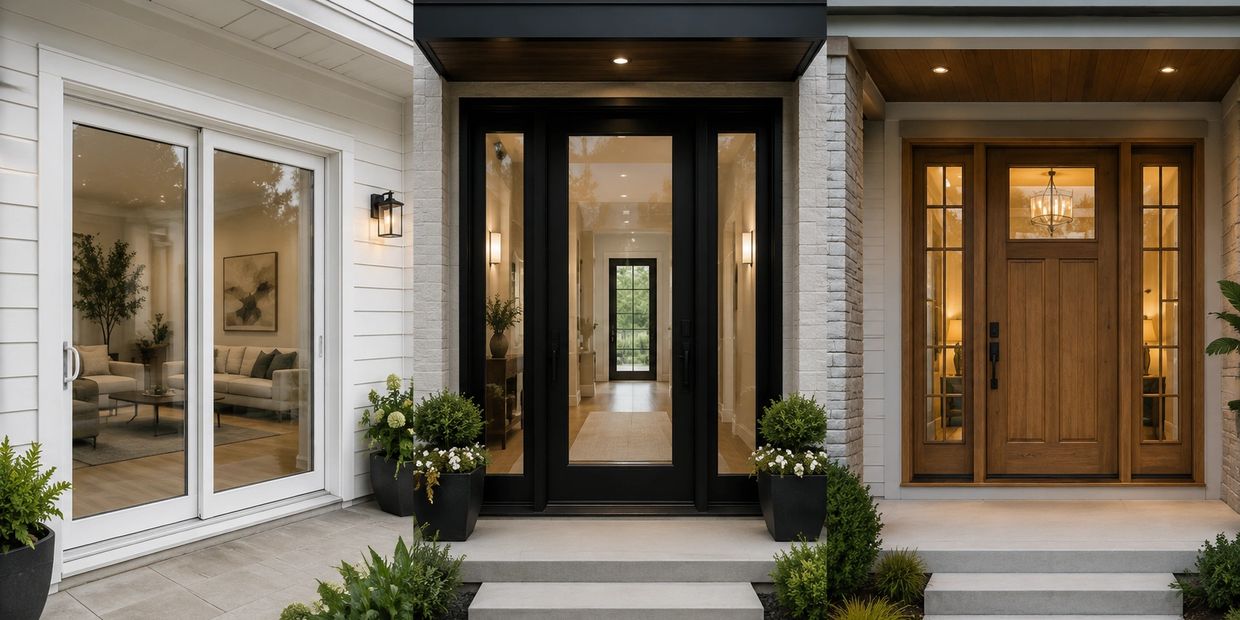 Modern home entrance with black and wooden doors, glass panels, and potted plants.