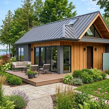 Modern small wooden cabin with a metal roof and outdoor seating area surrounded by greenery.