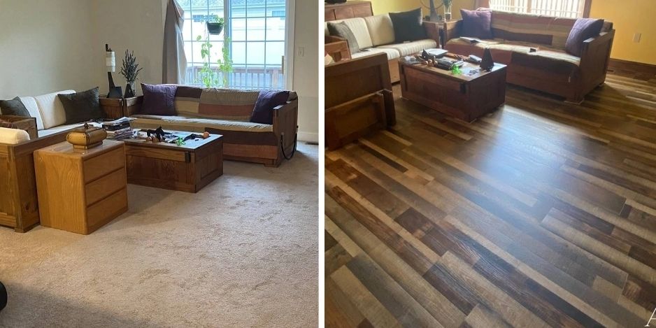 Living room before and after replacing carpet with stylish wood flooring.