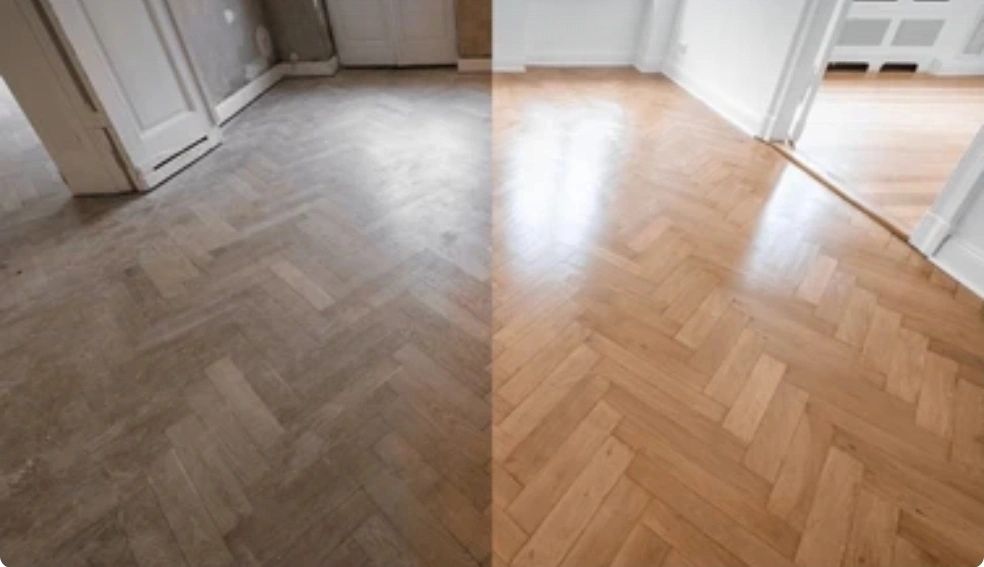 Half of the wooden floor is dirty and dull, the other half is clean and polished.