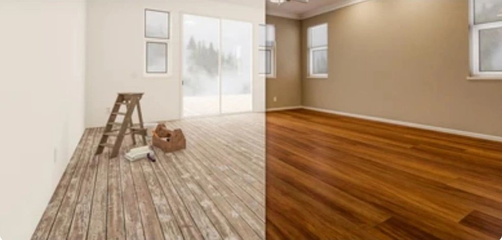 Room with half old wooden floor and half new polished wooden floor.