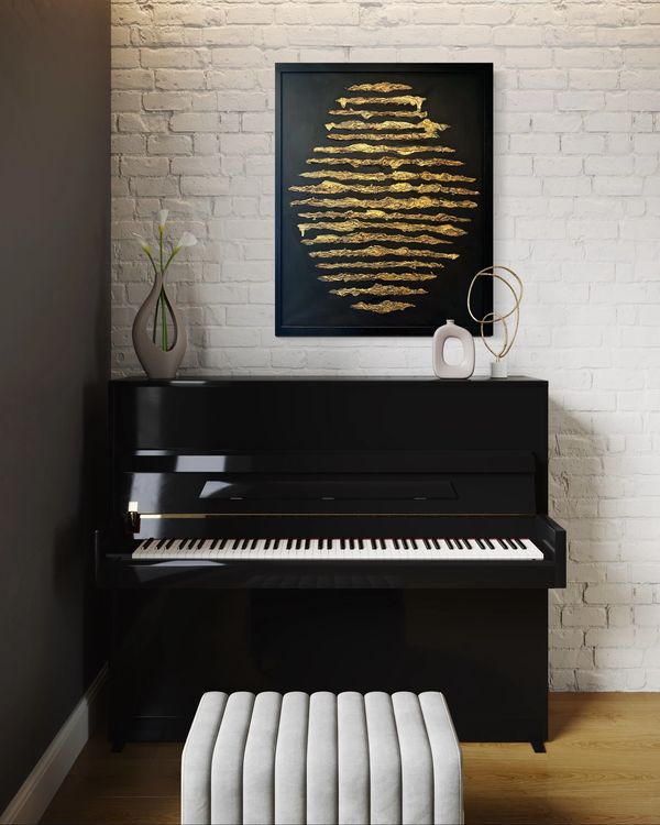 Original abstract art, textured gold on matte black, luxury interiors. Hannah Chestnuttart.