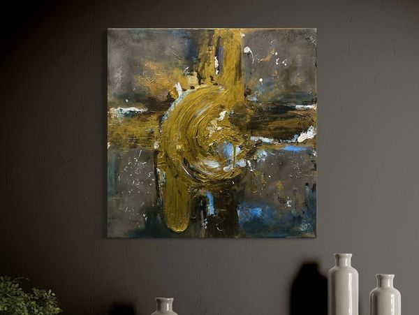 Original abstract art, gold textural strokes, earthy tones, luxury interiors. Hannah Chestnuttart.
