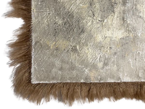 Rug with a textured beige surface and brown furry border.