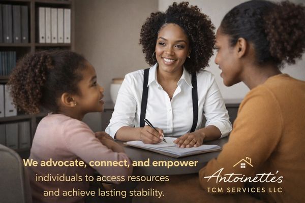 A woman smiling and consulting with a mother and child, promoting support services.