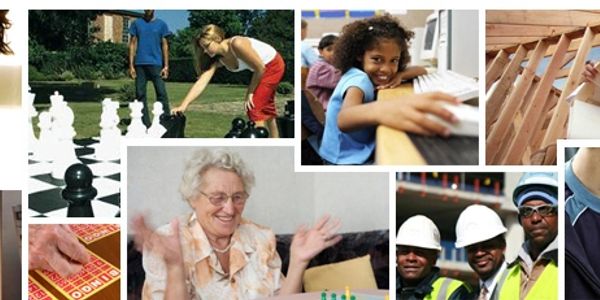 Collage of diverse people engaging in activities like chess, computer use, and construction work.
