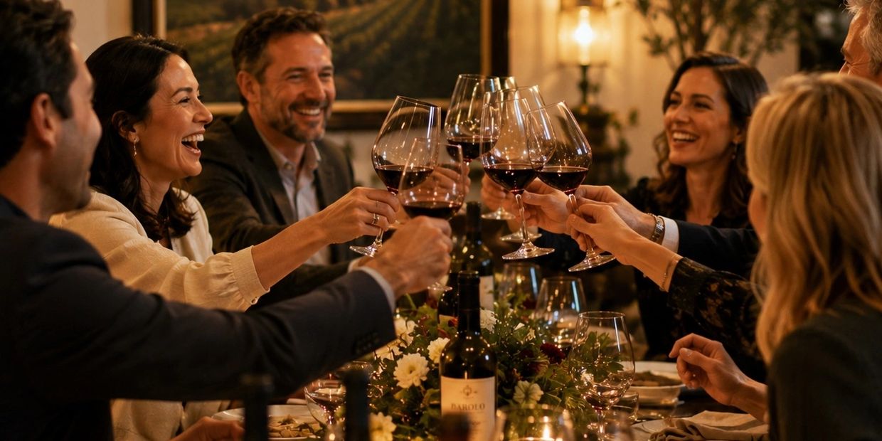 A group of friends joyfully toasting with red wine at a dinner table.