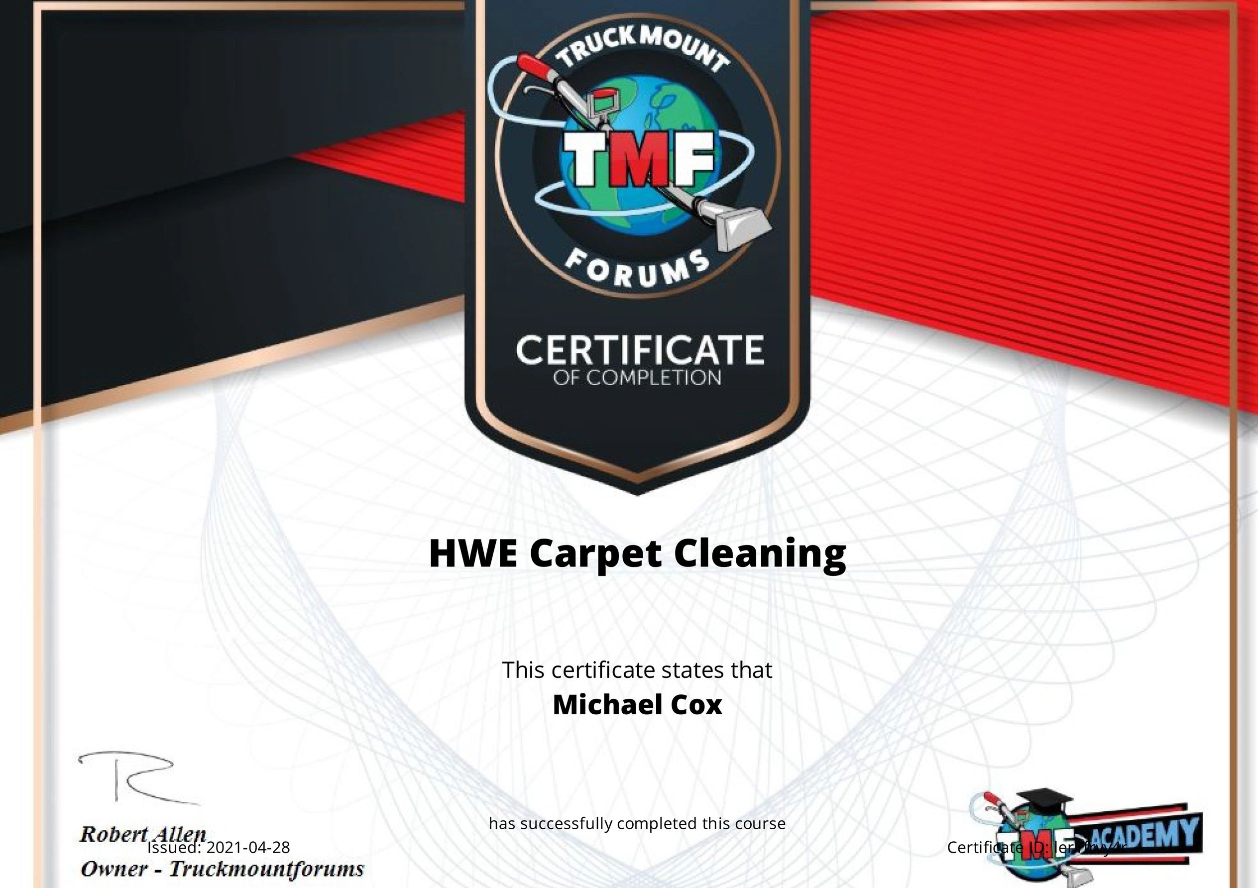 Certification in HWE Hot Water Extraction Carpet Cleaning