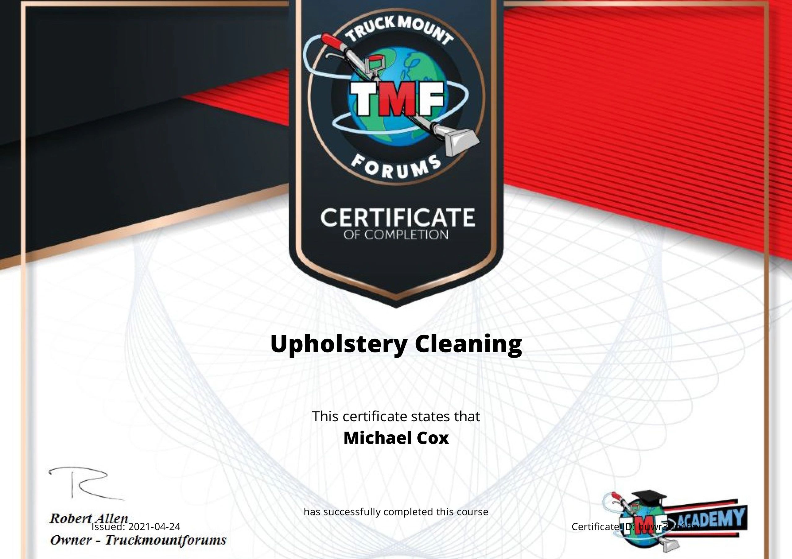 Certification in Upholstery Cleaning