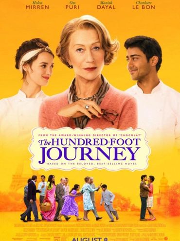 Poster of 'The Hundred-Foot Journey' featuring main characters against a bright yellow background.