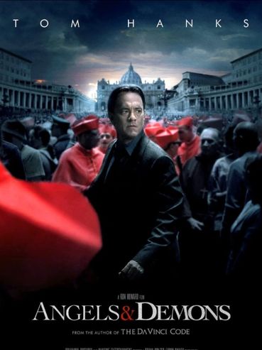 Tom Hanks stars in Angels & Demons movie poster with Vatican backdrop.
