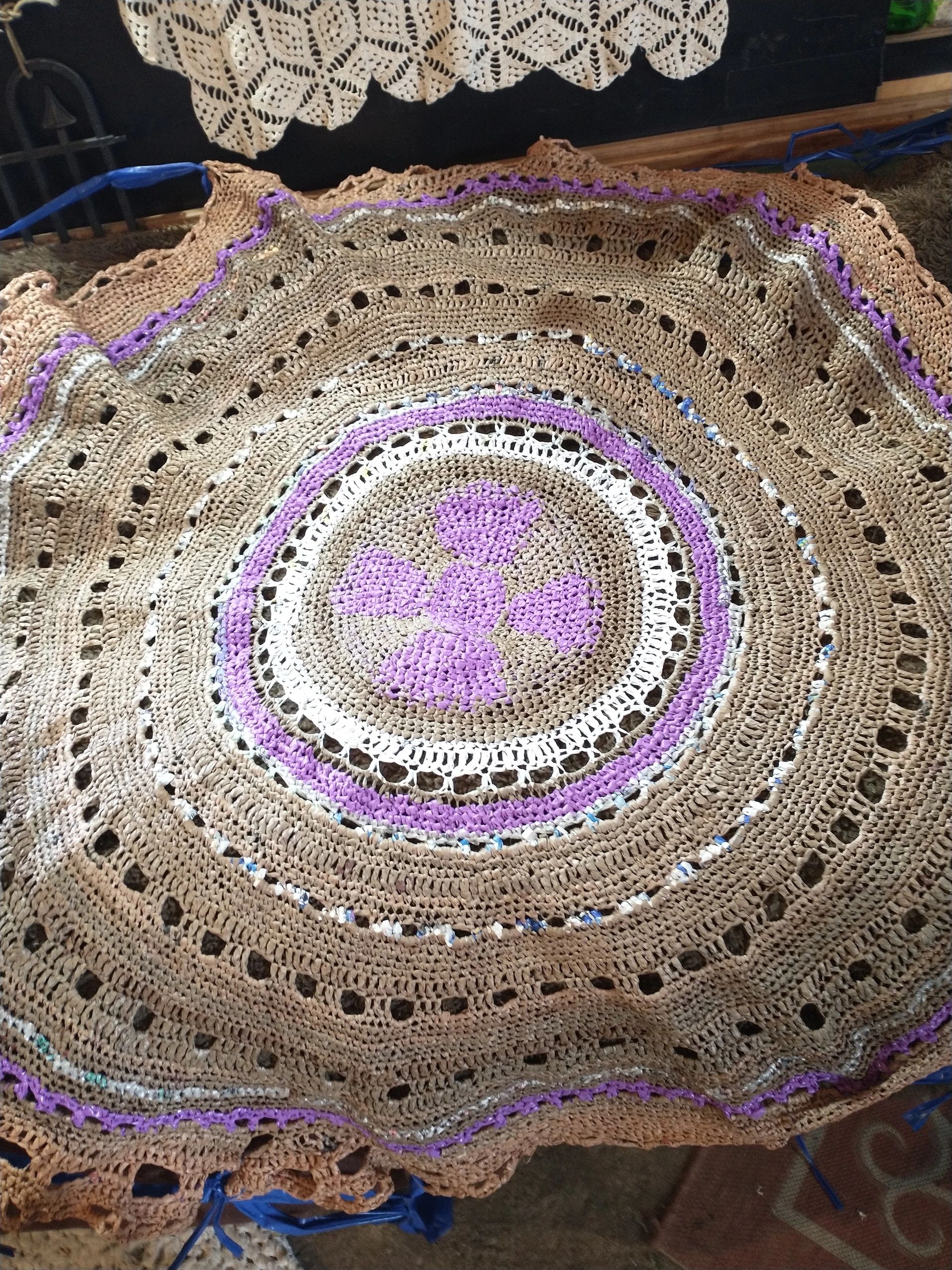 A summer project, made of thread produced from disposed and reclaimed plastic bags.