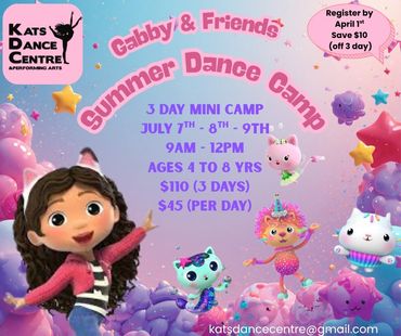 Colorful summer dance camp poster featuring animated characters and camp details.