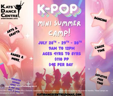 K-Pop Mini Summer Camp for kids ages 4-8, July 28-30, with dance, crafts, and games.