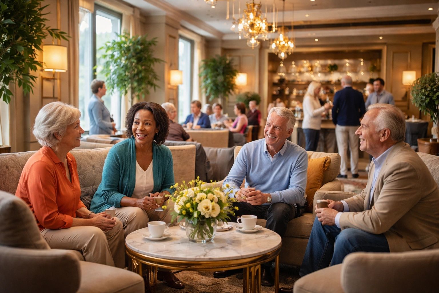 Seniors enjoying coffee and conversation in a cozy, elegant lounge.