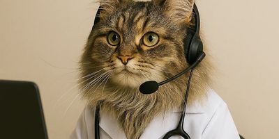A cat wearing a headset and a doctor's coat with a stethoscope.