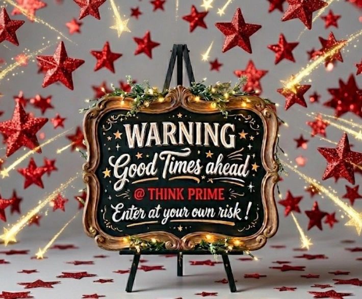 Decorative sign with stars and lights warning of good times ahead.
