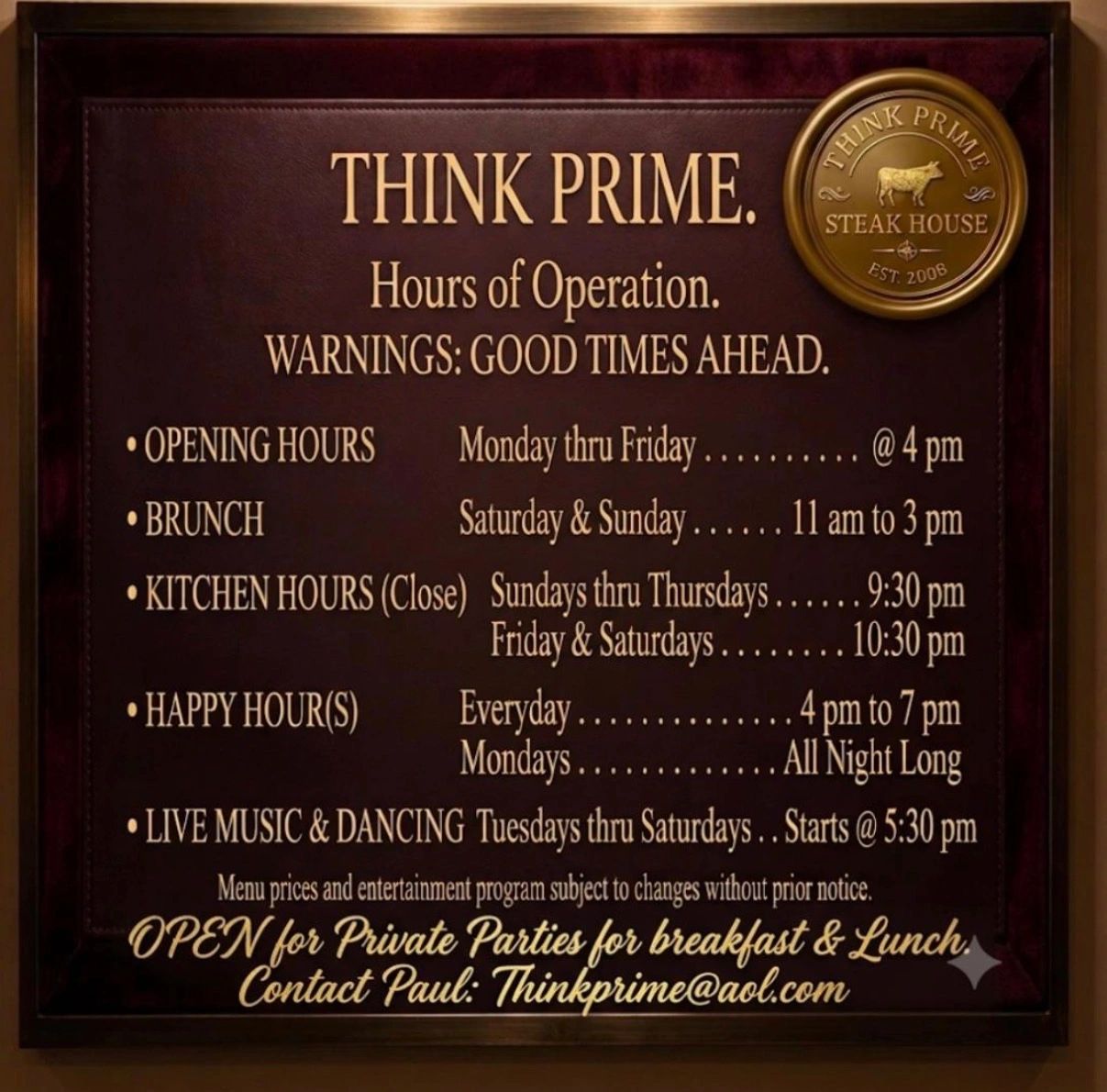 Think Prime Steak House hours and events.