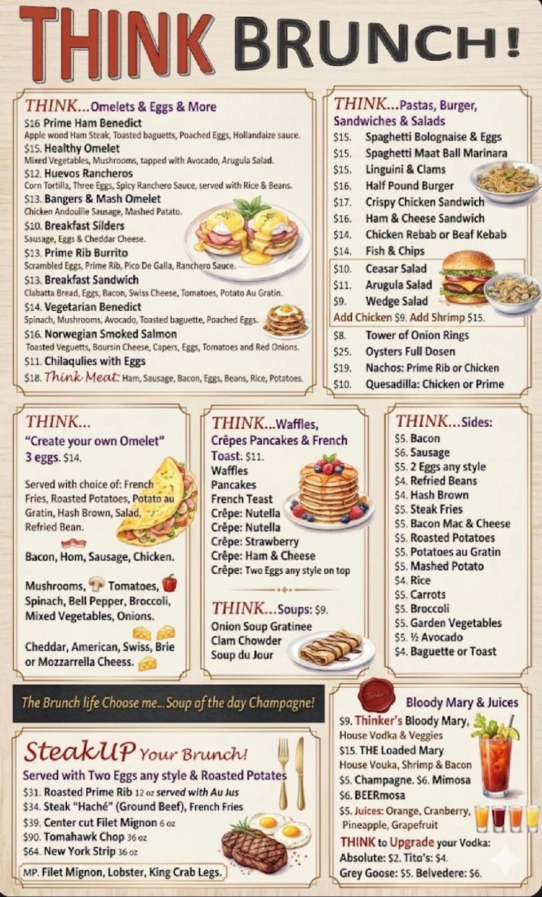 Brunch menu with omelets, sandwiches, steaks, sides, and drinks.