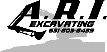 Black and white Logo for A.R.I. with a shadow of an excavator insteel greay in the background.