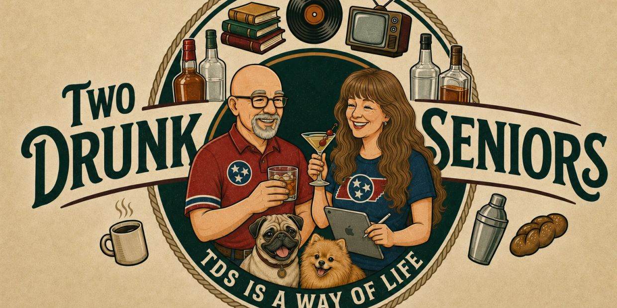 Illustration of two seniors enjoying drinks with dogs and vintage items.