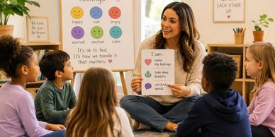 Teacher discusses feelings with young children in a classroom.