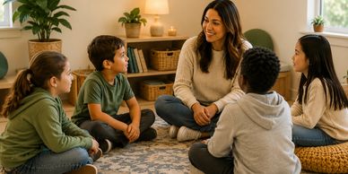 Teacher and children sitting in a circle.