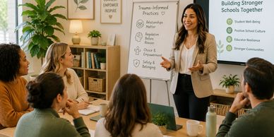 Woman presenting to a group in a meeting room.