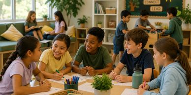Children happily working together at a classroom table.
