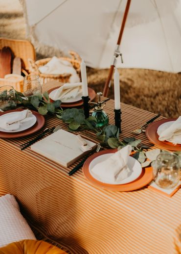 Elegant outdoor picnic setup with striped tablecloth and greenery centerpiece.