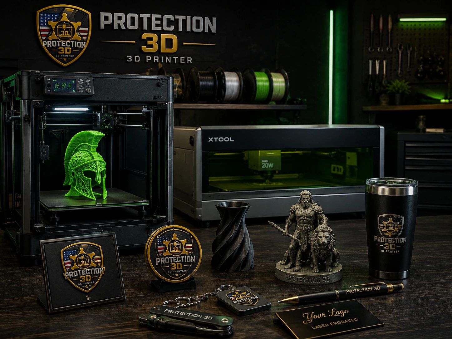 3D printer with various printed objects and branded items.