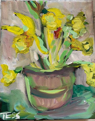 Impressionistic painting of yellow flowers in a brown pot.