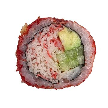 Close-up of a California sushi roll with crab, avocado, and cucumber.
