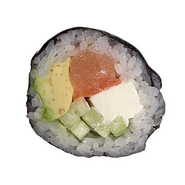 Close-up of a sushi roll with avocado, cucumber, fish, and cream cheese.