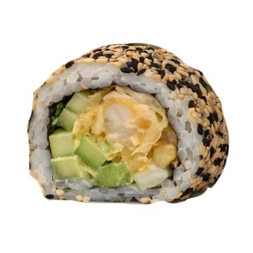 Close-up of a sushi roll with sesame seeds, avocado, and shrimp.