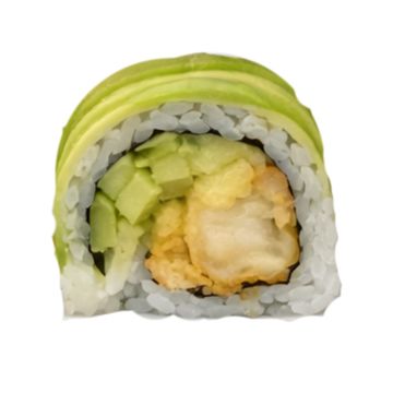 Close-up of a sushi roll with avocado, cucumber, and tempura inside.