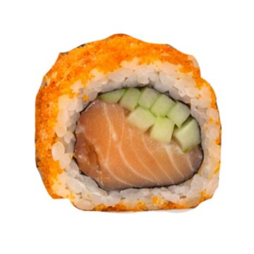 Close-up of a sushi roll with salmon, cucumber, and orange roe.
