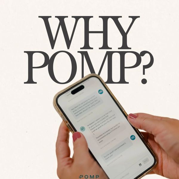 Person holding a phone displaying a chat under the text 'WHY POMP?'.