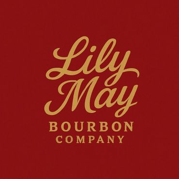 Logo of Lily May Bourbon Company in gold on red background.