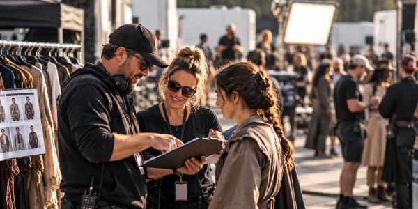Film crew discussing notes with actress on set.