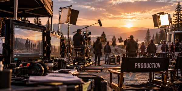 Film production crew working at sunset on location.