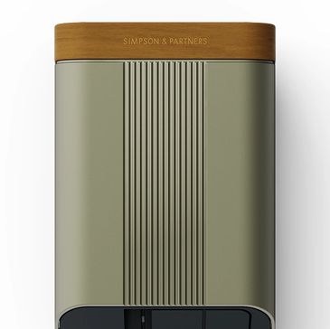 Simpson & partners champagne colour metal front ev charger with wooden lid