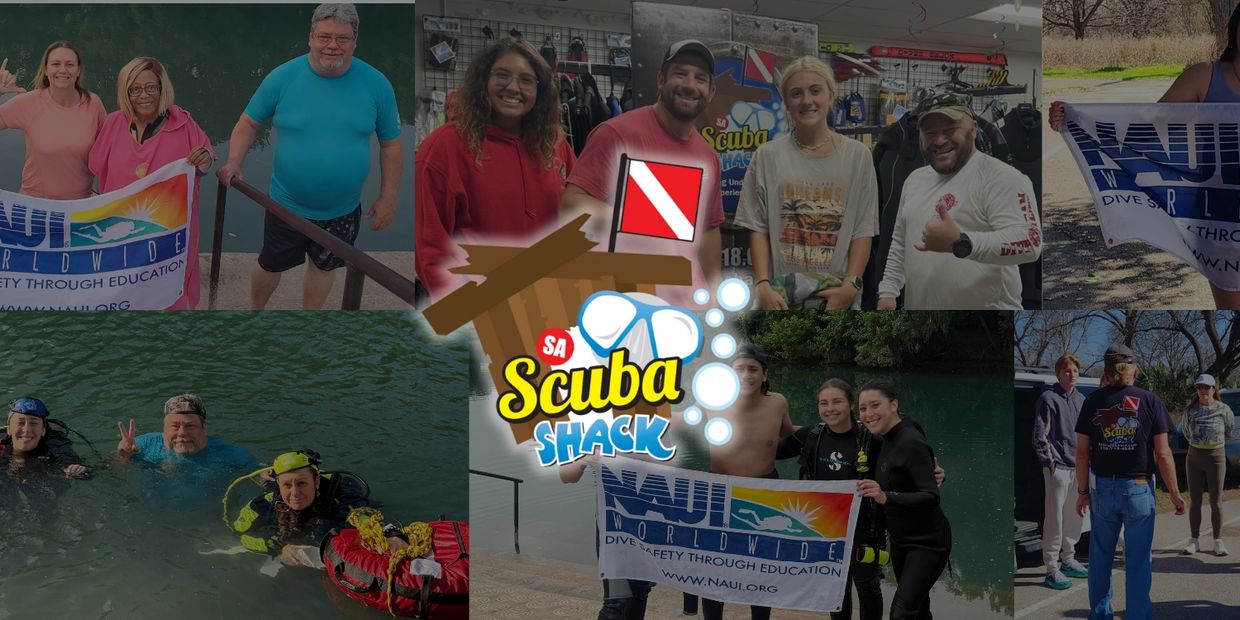 Collage of smiling scuba divers and instructors with NAUI Worldwide banners and Scuba Shack logo.