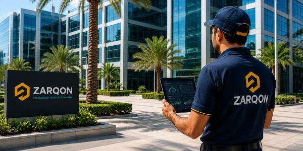 Man in Zarqon uniform holding a tablet in a modern office park.