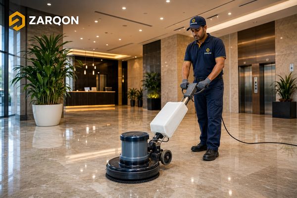 Professional cleaner polishing a marble floor in a modern lobby.