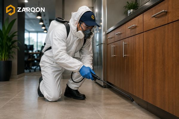 Pest control technician spraying in a kitchen.
