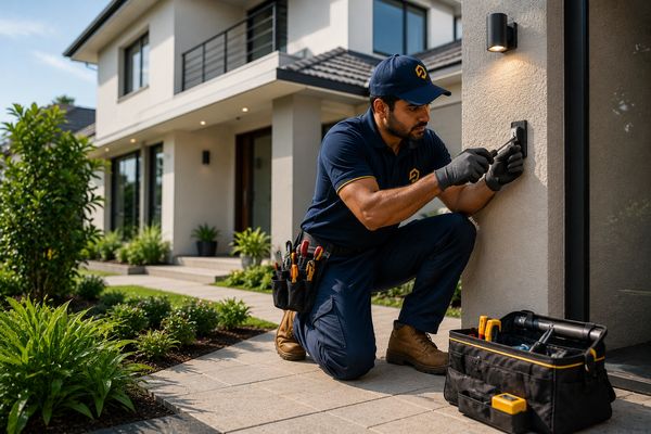 Electrician installing a doorbell outside a house.